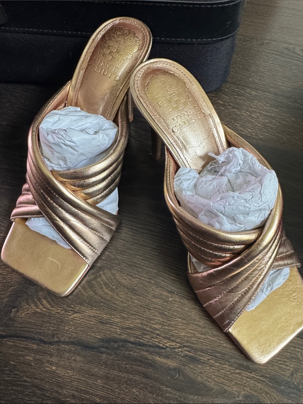 Vince Camuto Metallic Rose Gold Crisscross Mule Heels